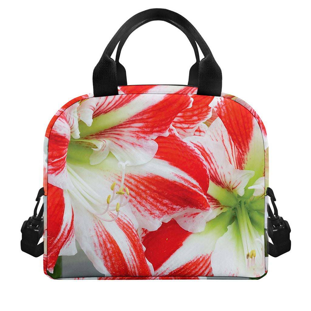Red And White Amaryllis Print Insulated Lunch Bag