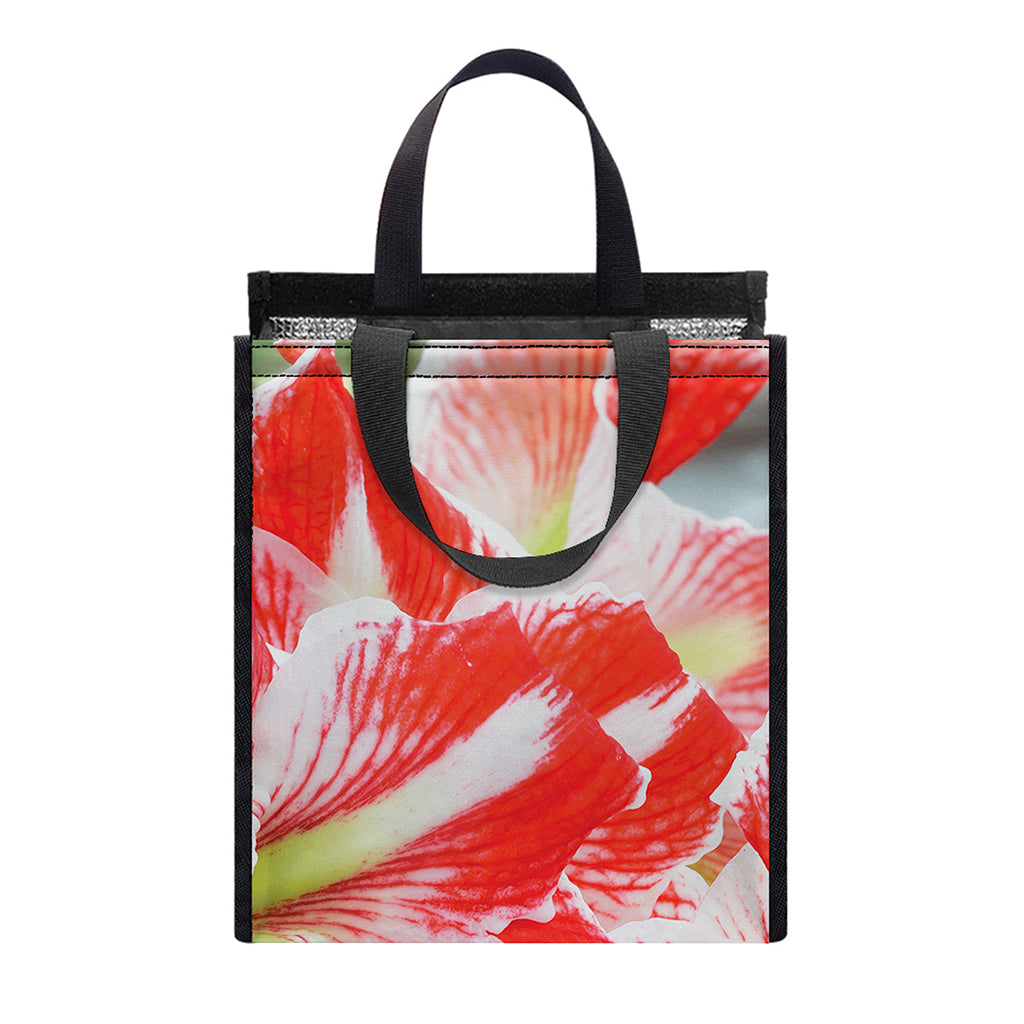 Red And White Amaryllis Print Insulated Lunch Tote