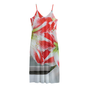 Red And White Amaryllis Print Jersey Midi Cami Dress