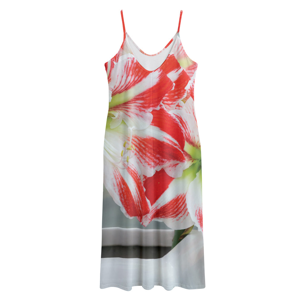 Red And White Amaryllis Print Jersey Midi Cami Dress