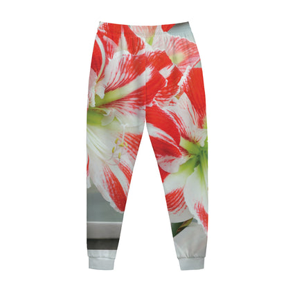 Red And White Amaryllis Print Jogger Pants