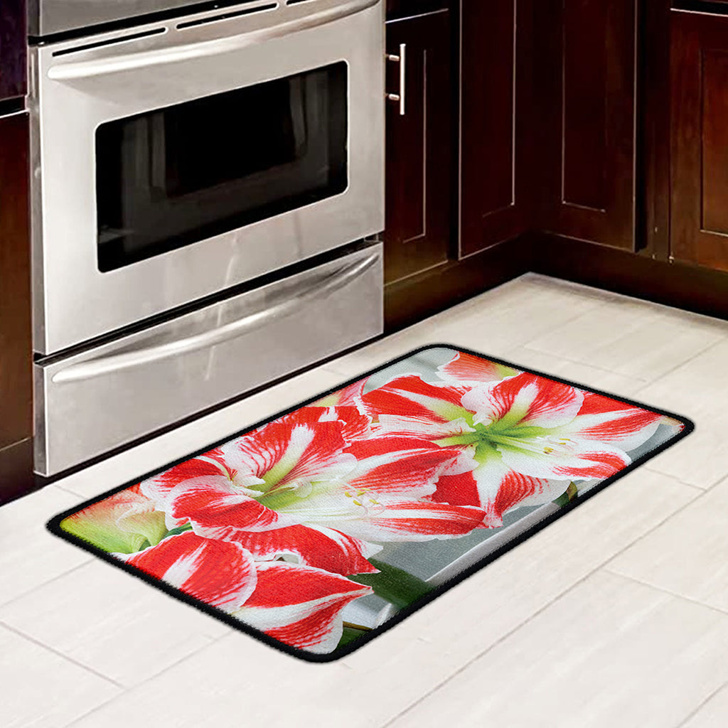 Red And White Amaryllis Print Kitchen Mat