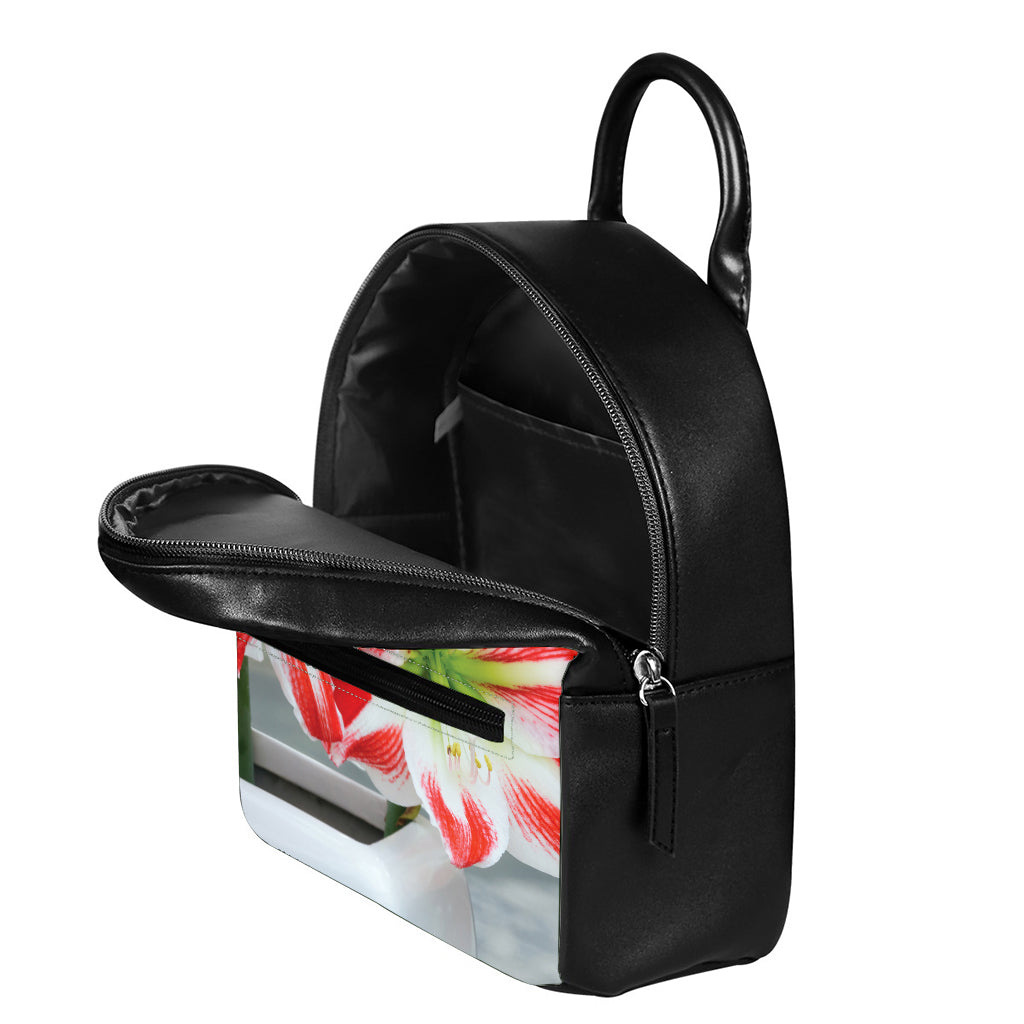 Red And White Amaryllis Print Leather Backpack