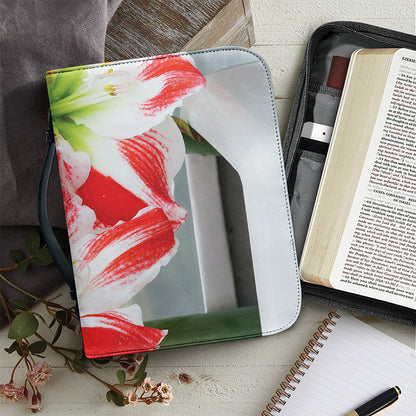 Red And White Amaryllis Print Leather Bible Cover