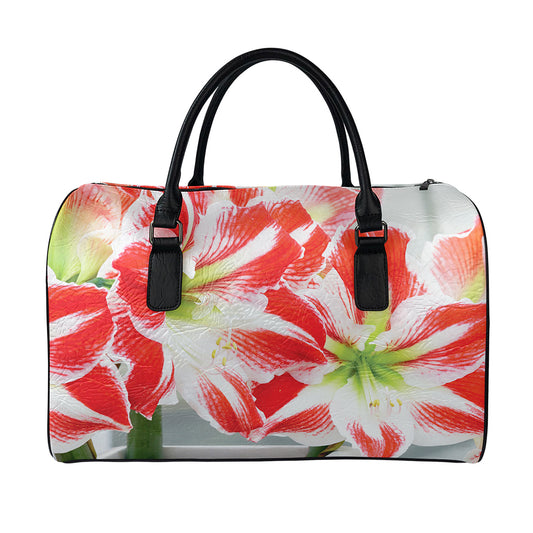 Red And White Amaryllis Print Leather Duffle Bag
