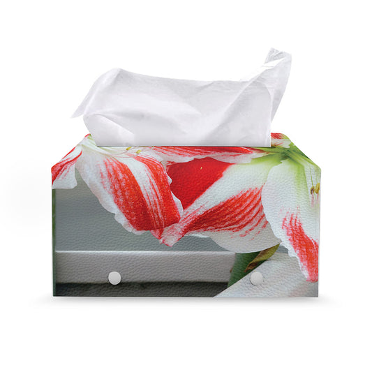 Red And White Amaryllis Print Leather Tissue Box Cover