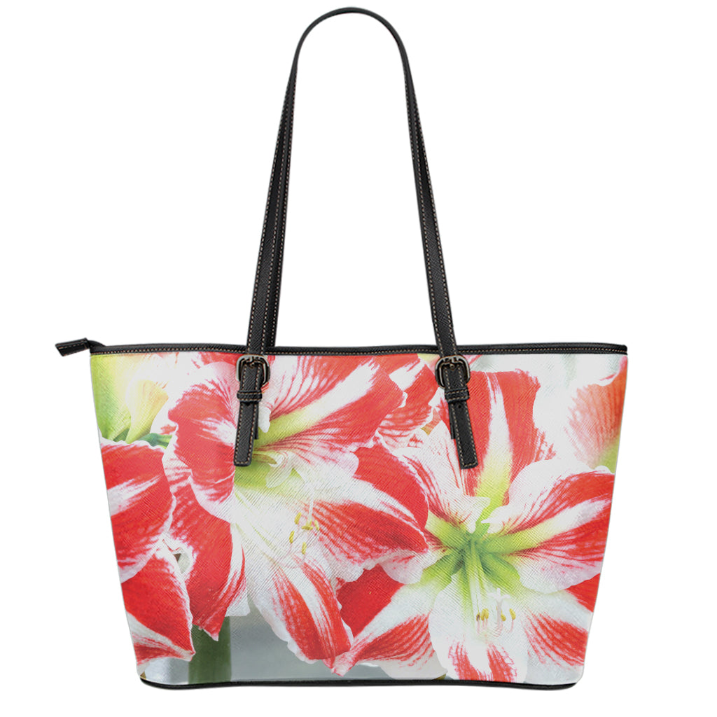 Red And White Amaryllis Print Leather Tote Bag