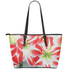 Red And White Amaryllis Print Leather Tote Bag