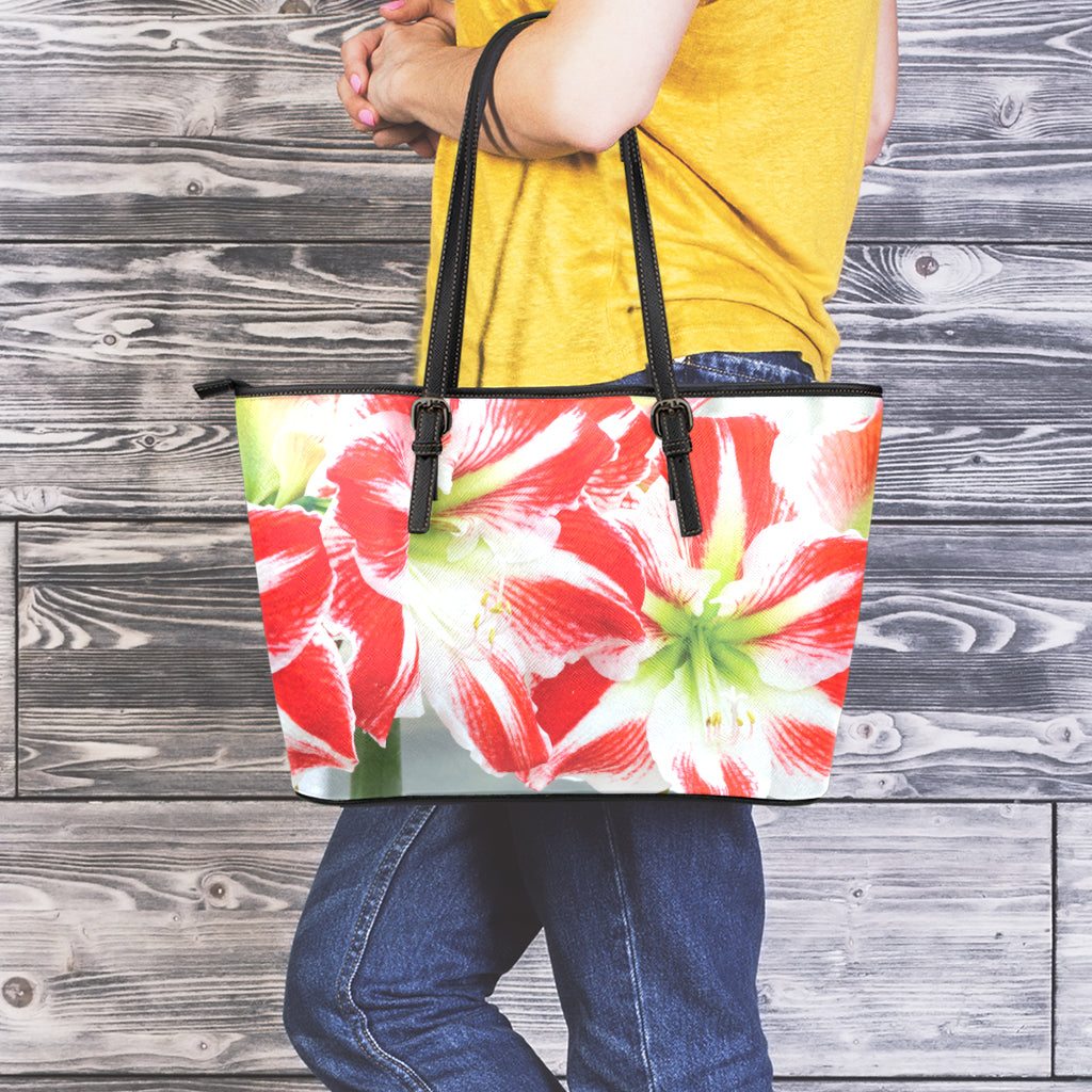 Red And White Amaryllis Print Leather Tote Bag