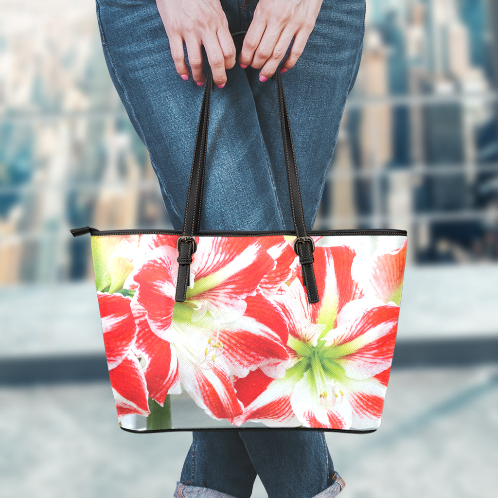 Red And White Amaryllis Print Leather Tote Bag