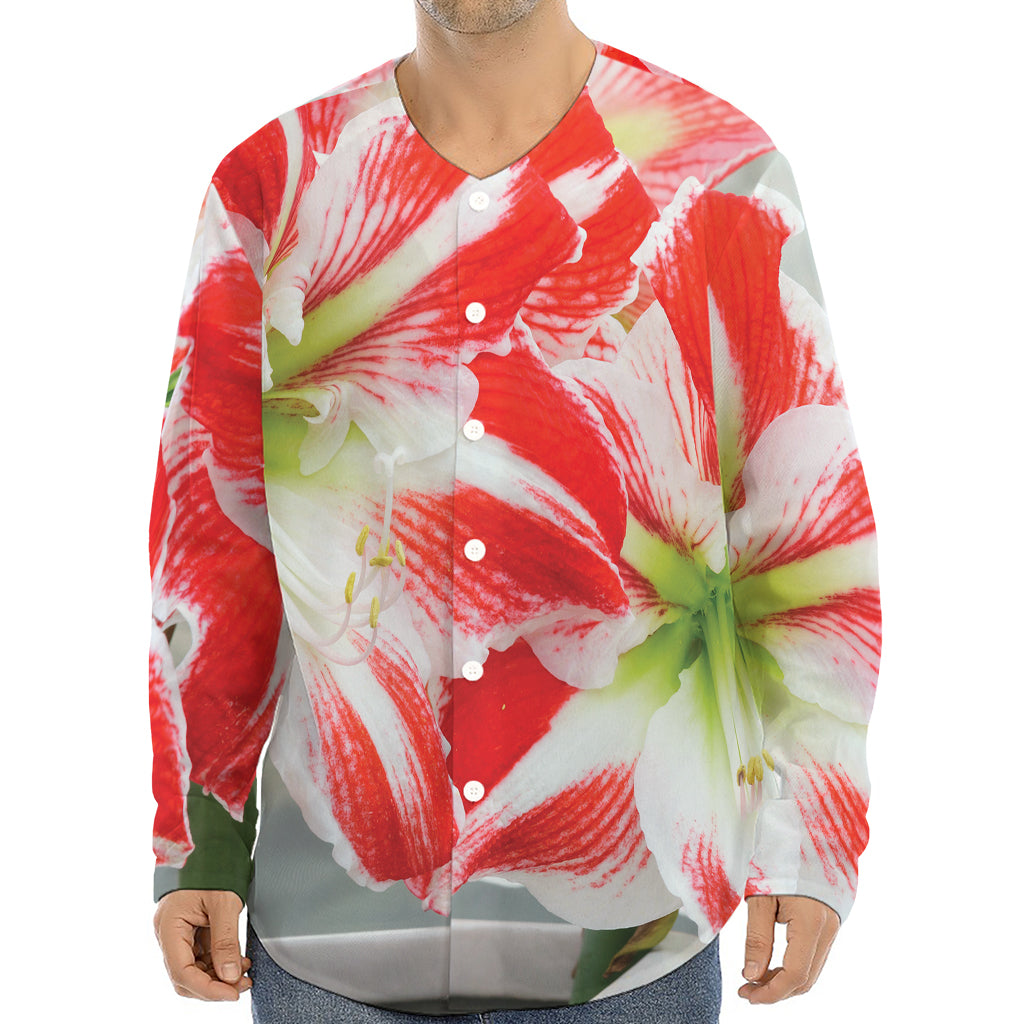 Red And White Amaryllis Print Long Sleeve Baseball Jersey