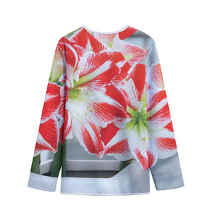 Red And White Amaryllis Print Long Sleeve Short Coat