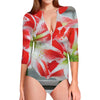 Red And White Amaryllis Print Long Sleeve Swimsuit