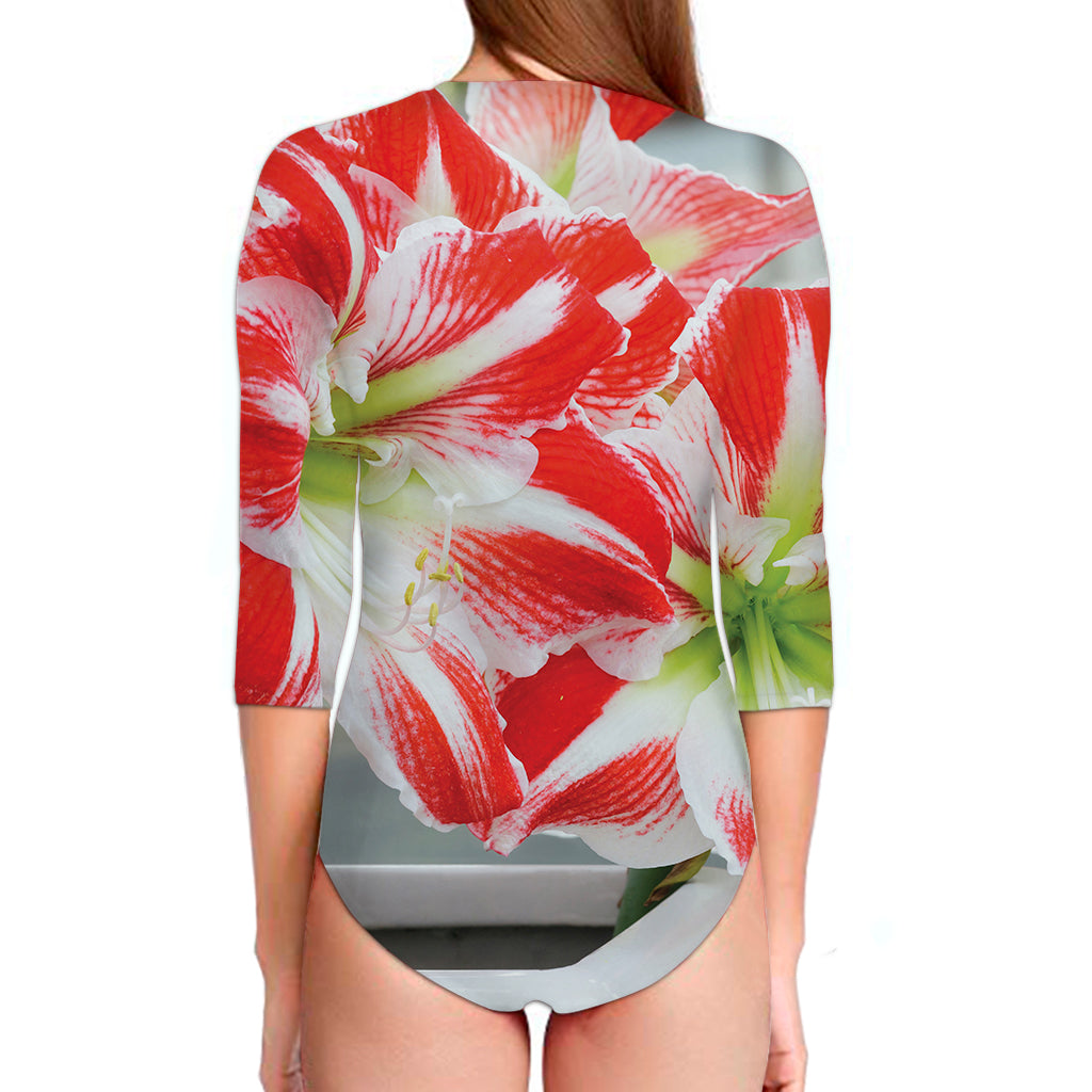 Red And White Amaryllis Print Long Sleeve Swimsuit