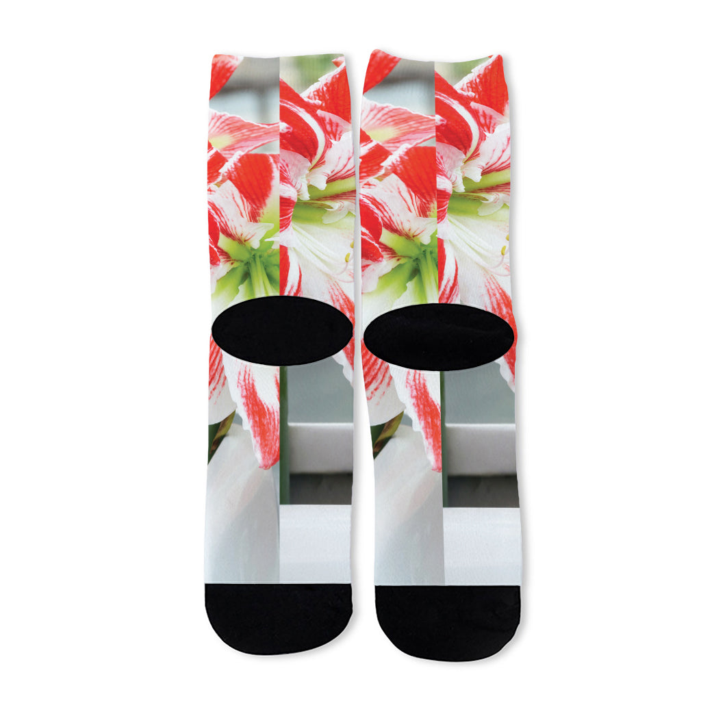 Red And White Amaryllis Print Long Socks