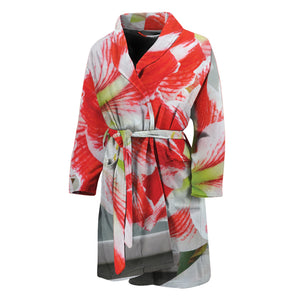 Red And White Amaryllis Print Men's Bathrobe