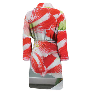 Red And White Amaryllis Print Men's Bathrobe