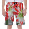 Red And White Amaryllis Print Men's Beach Shorts