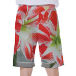 Red And White Amaryllis Print Men's Beach Shorts