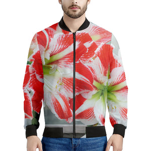 Red And White Amaryllis Print Men's Bomber Jacket