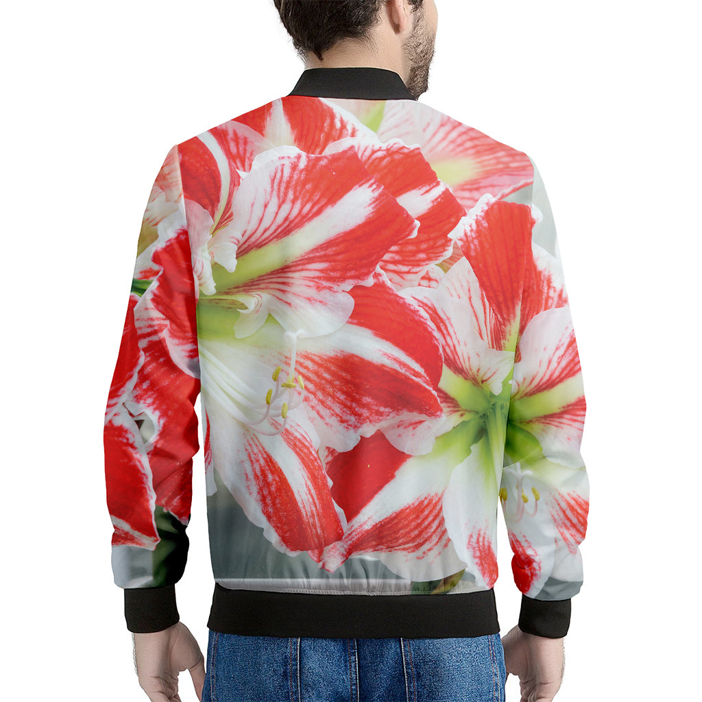 Red And White Amaryllis Print Men's Bomber Jacket