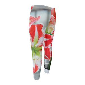 Red And White Amaryllis Print Men's Compression Pants