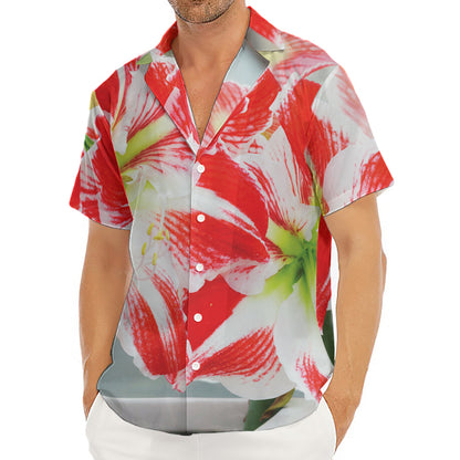 Red And White Amaryllis Print Men's Deep V-Neck Shirt