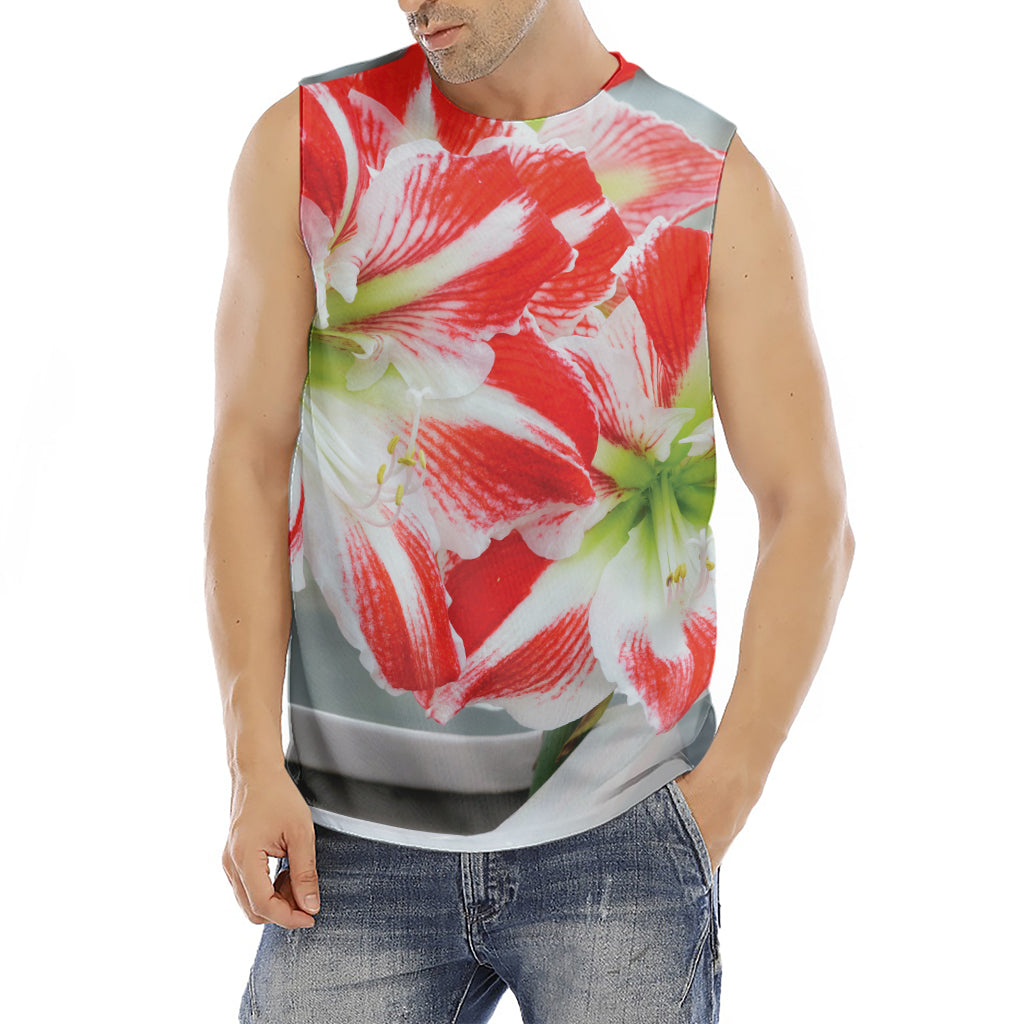 Red And White Amaryllis Print Men's Fitness Tank Top