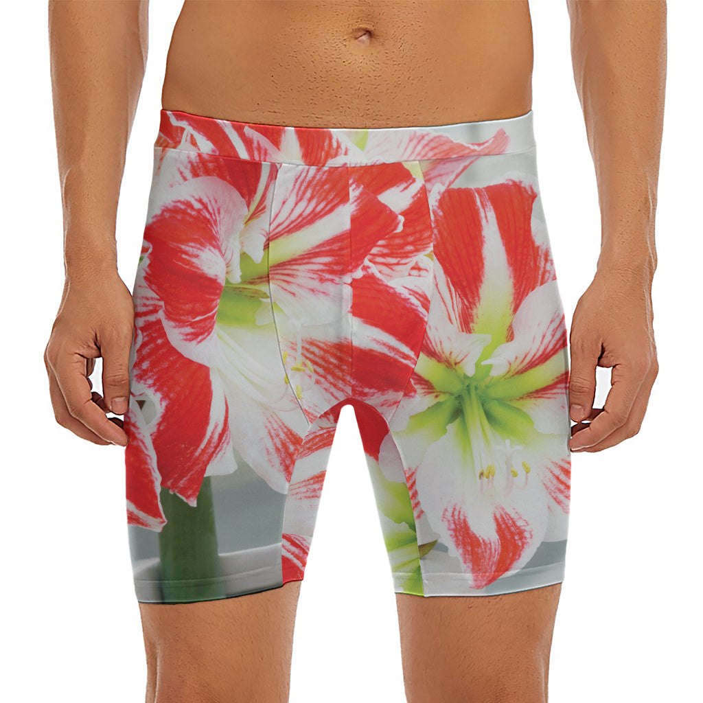 Red And White Amaryllis Print Men's Long Boxer Briefs