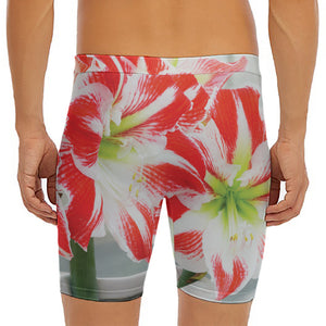 Red And White Amaryllis Print Men's Long Boxer Briefs