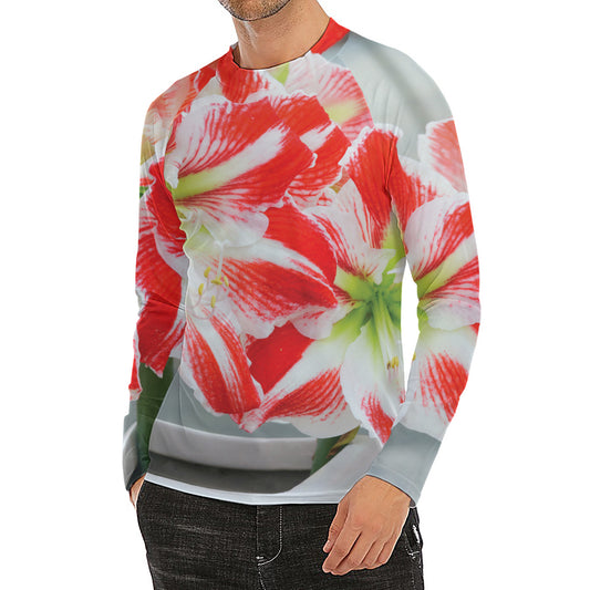 Red And White Amaryllis Print Men's Long Sleeve Rash Guard