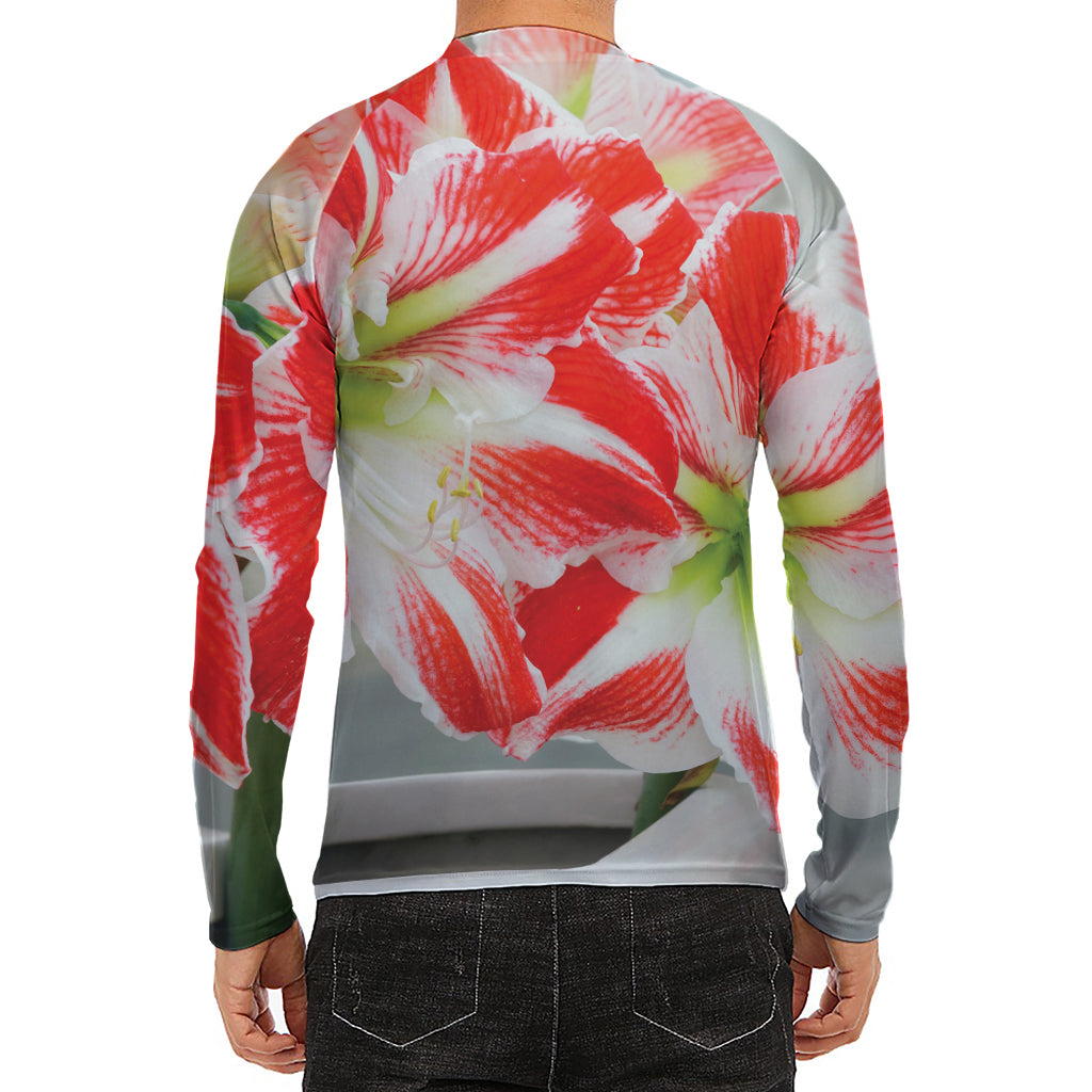 Red And White Amaryllis Print Men's Long Sleeve Rash Guard