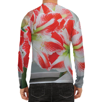 Red And White Amaryllis Print Men's Long Sleeve Rash Guard