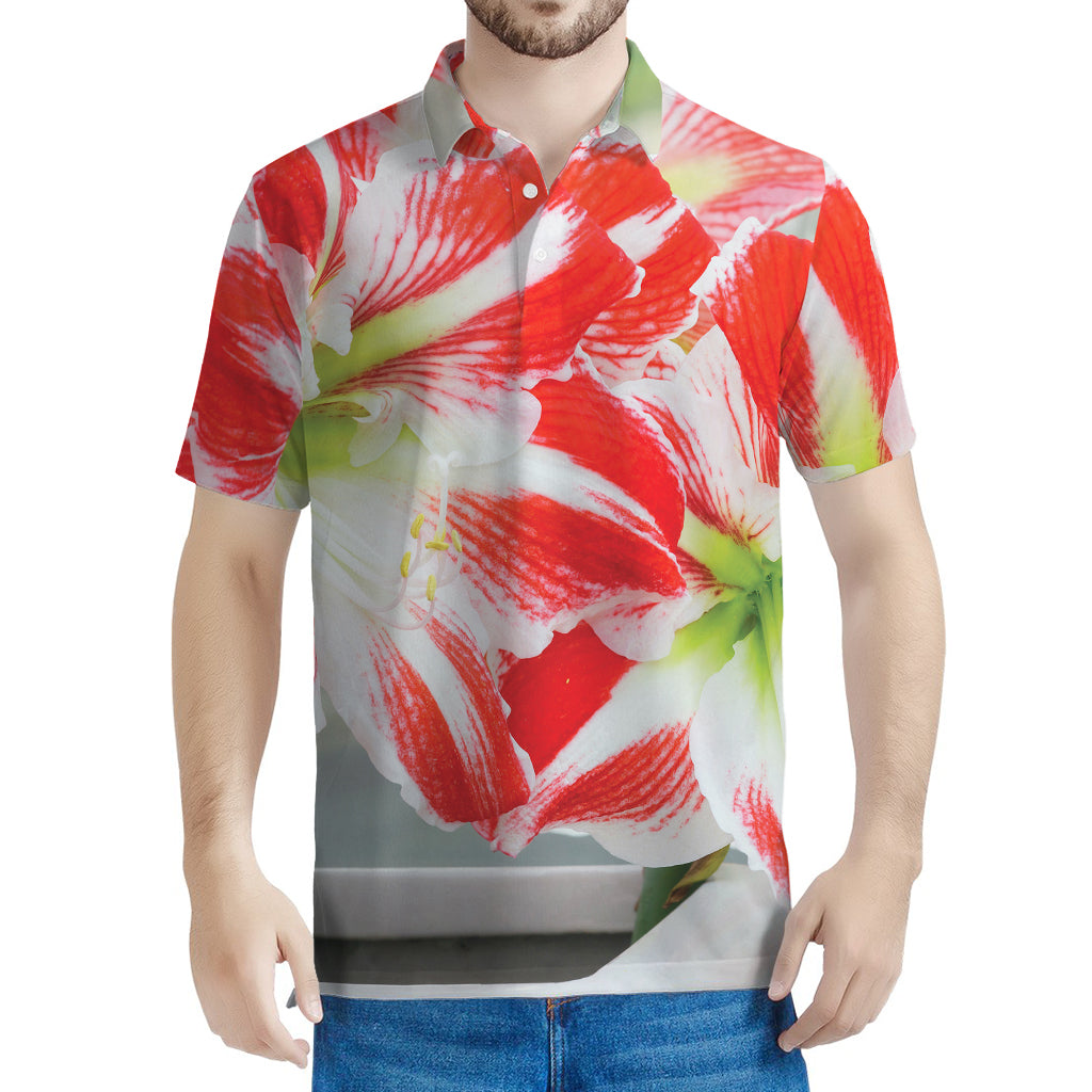 Red And White Amaryllis Print Men's Polo Shirt