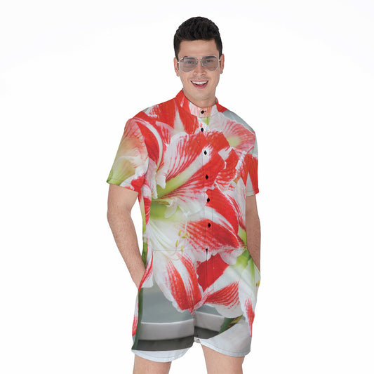 Red And White Amaryllis Print Men's Rompers