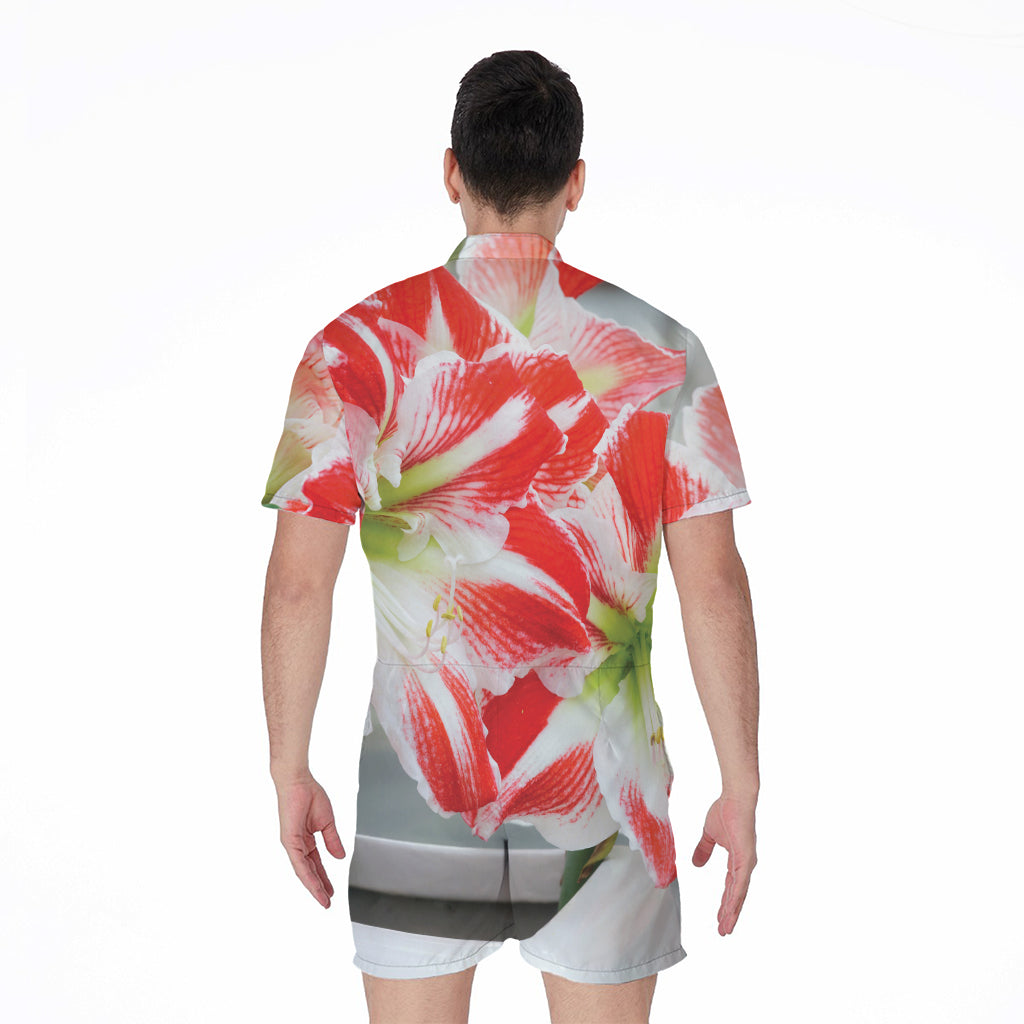Red And White Amaryllis Print Men's Rompers