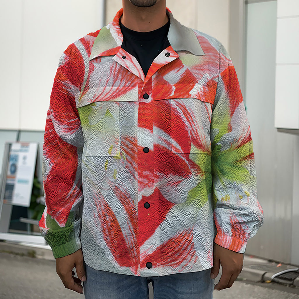 Red And White Amaryllis Print Men's Shirt Jacket