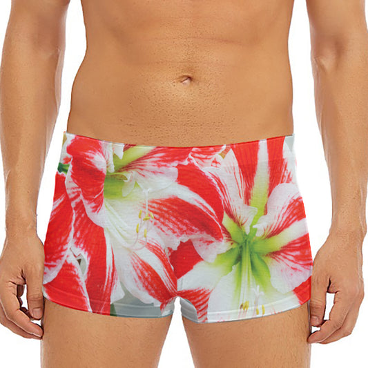 Red And White Amaryllis Print Men's Short Boxer Briefs