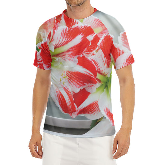 Red And White Amaryllis Print Men's Short Sleeve Rash Guard
