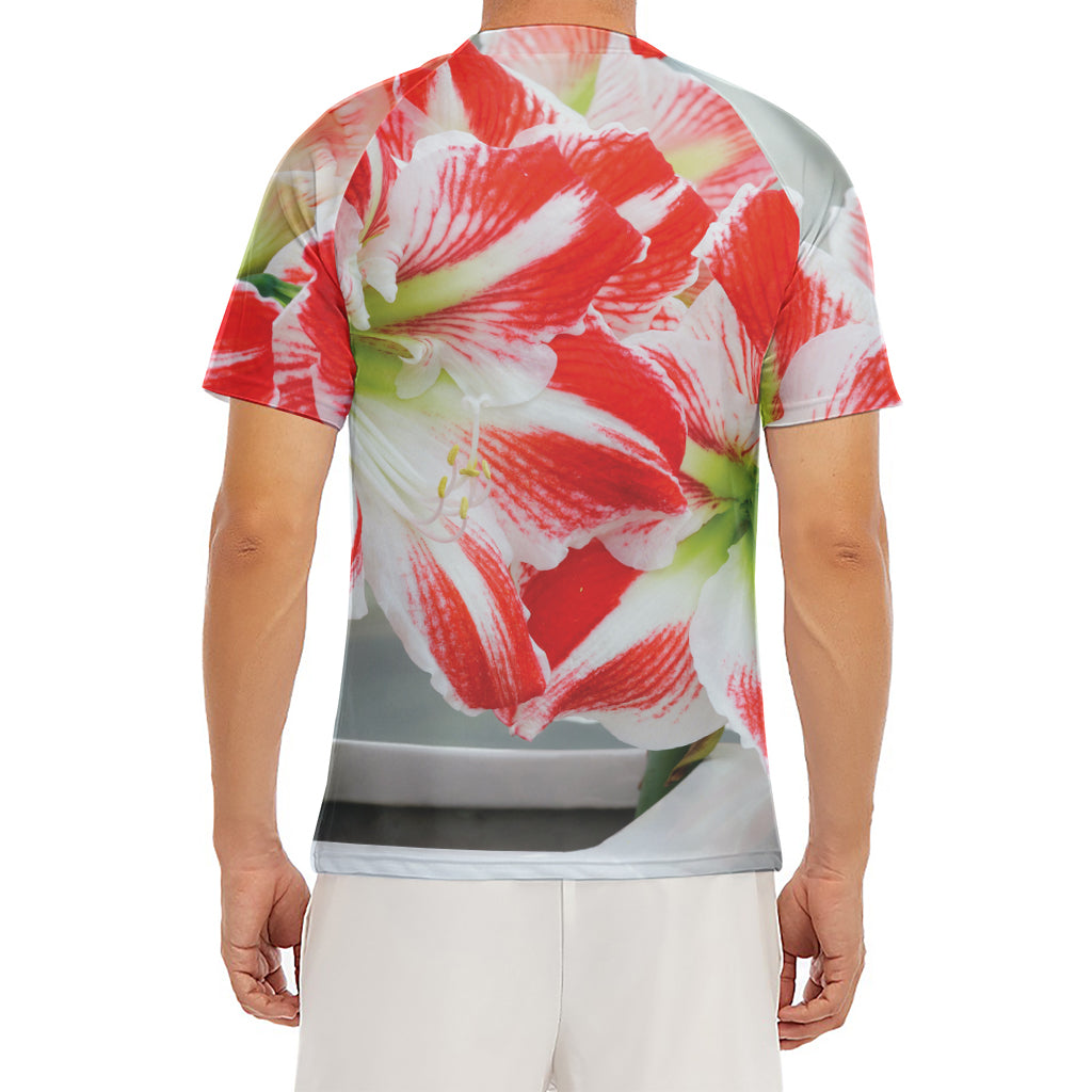 Red And White Amaryllis Print Men's Short Sleeve Rash Guard