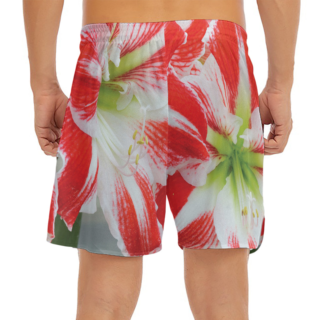 Red And White Amaryllis Print Men's Split Running Shorts