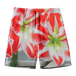 Red And White Amaryllis Print Men's Swim Trunks