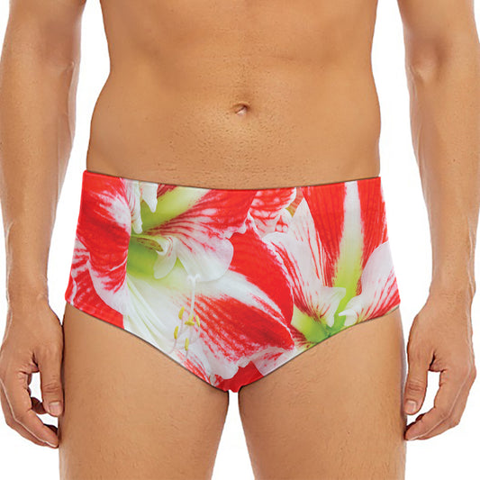 Red And White Amaryllis Print Men's Triangle Swim Briefs