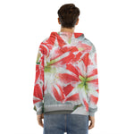 Red And White Amaryllis Print Men's Velvet Pullover Hoodie