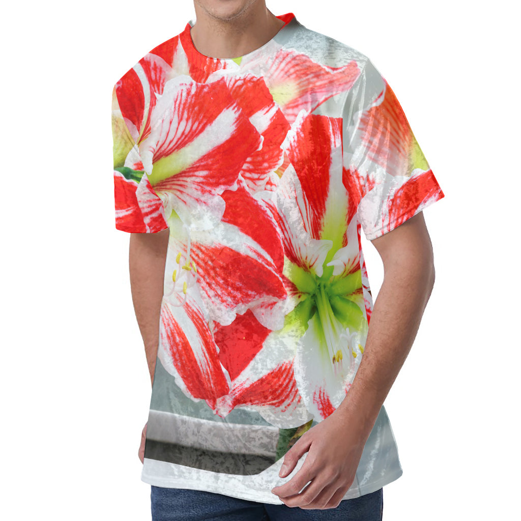 Red And White Amaryllis Print Men's Velvet T-Shirt