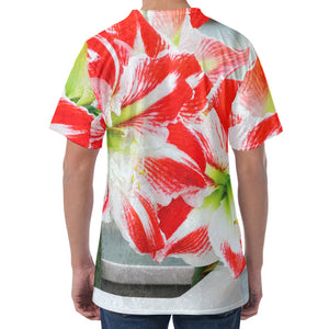 Red And White Amaryllis Print Men's Velvet T-Shirt