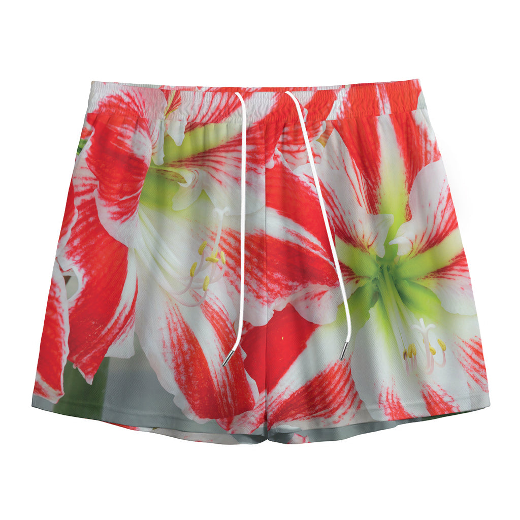 Red And White Amaryllis Print Mesh Shorts