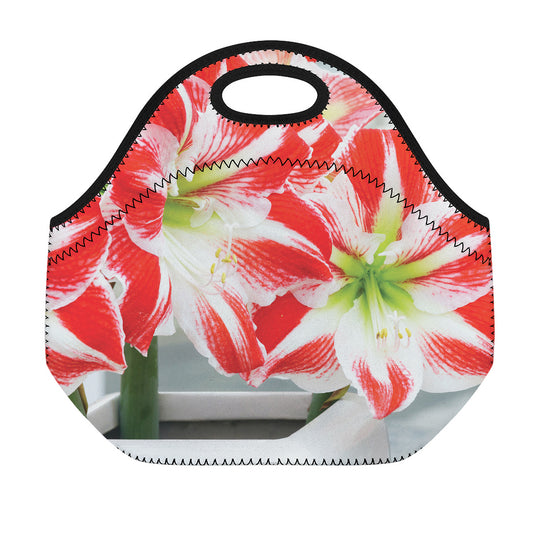 Red And White Amaryllis Print Neoprene Lunch Bag