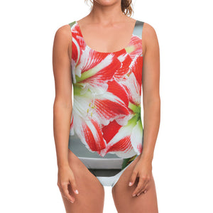 Red And White Amaryllis Print One Piece Swimsuit