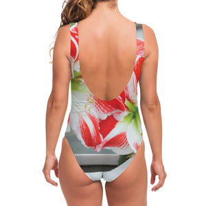 Red And White Amaryllis Print One Piece Swimsuit